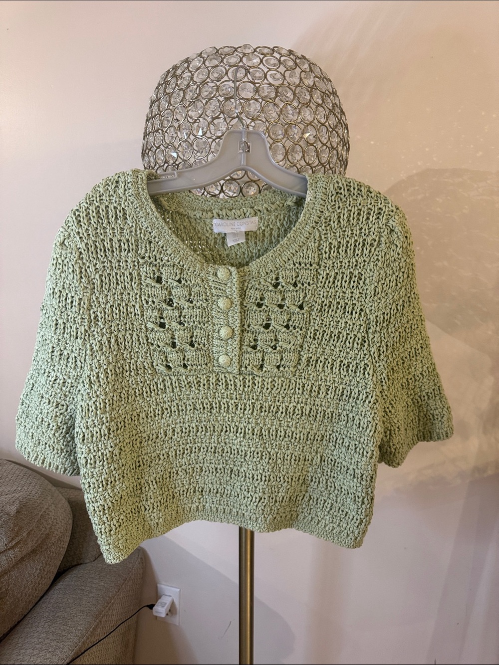Caroline Constas Light Sage Crochet Knit Short-Sleeve Top size L - Picture 2 of 5